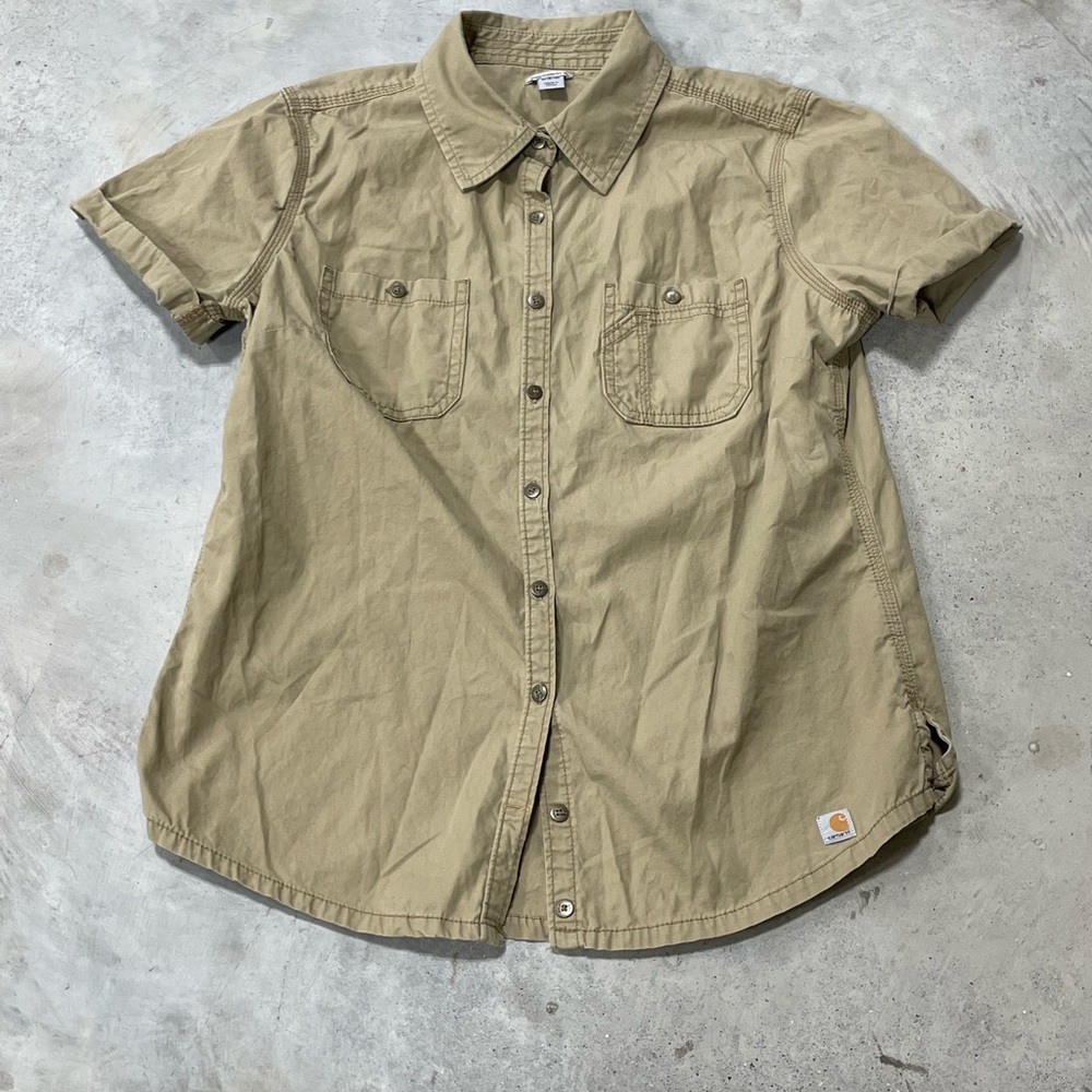 Carhartt Womens Brown Duck Short Sleeve Top Blouse Button Down Size Medium 8-10